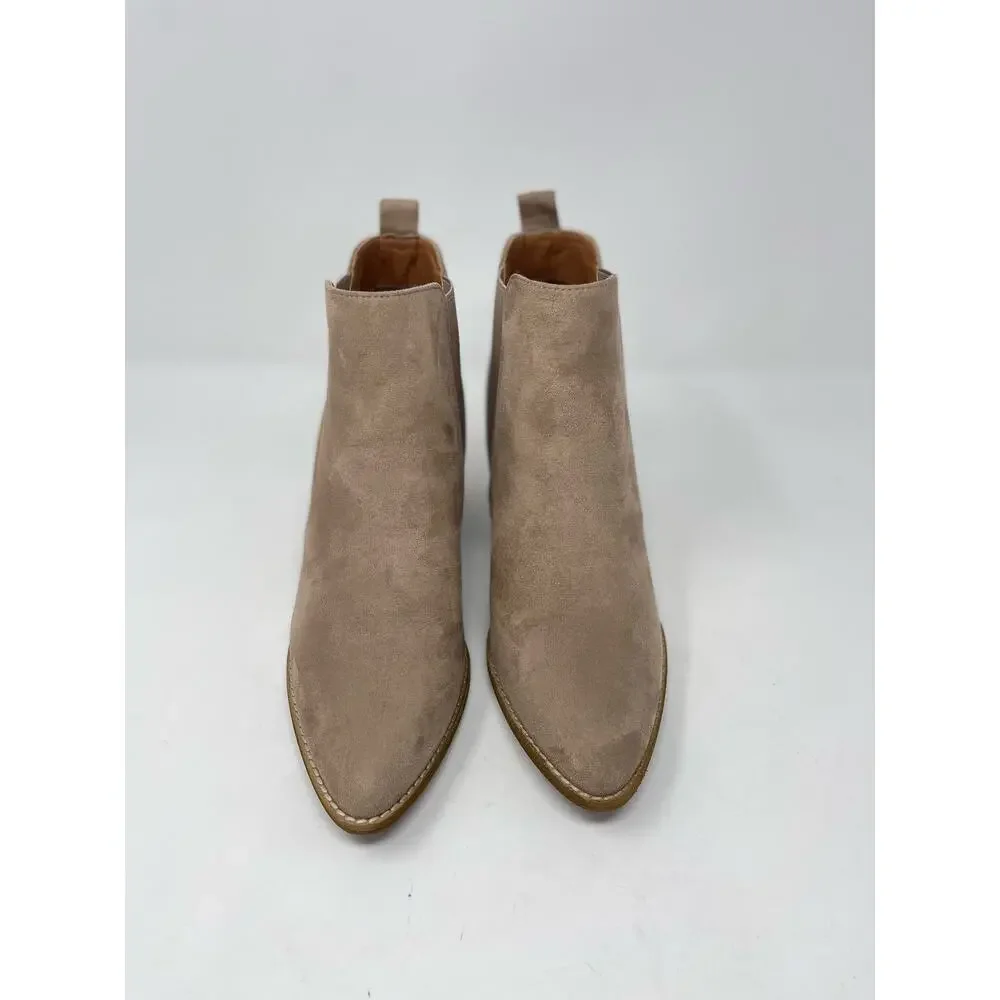 Beast Fashion James II Heeled Taupe Faux‎ Suede Slip On Almond Toe Ankle Boot